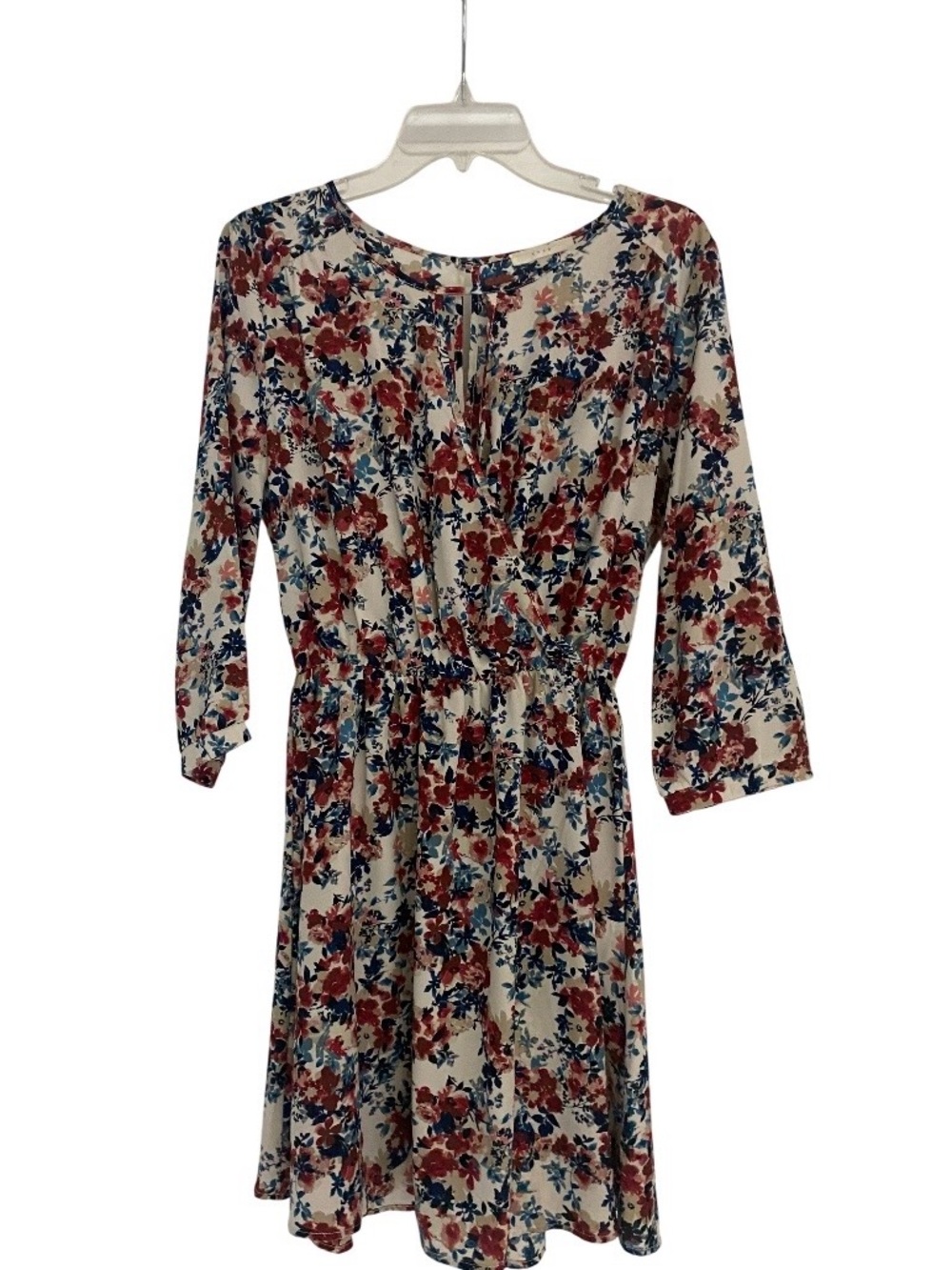Lush Cream Floral 3/4-Sleeve Mini Dress with Maroon Blooms